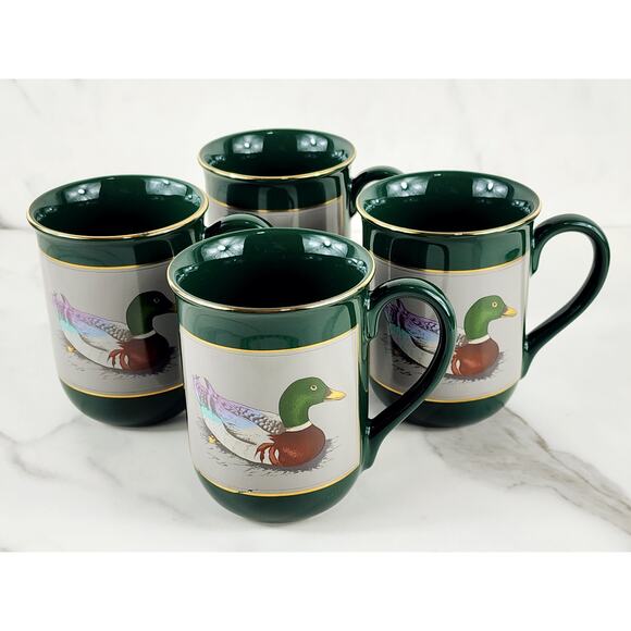 Otagiri Mallard Duck Coffee Mug Teacup 9oz Green Gold Trim Gibson 4" Japan x4 - Picture 1 of 16